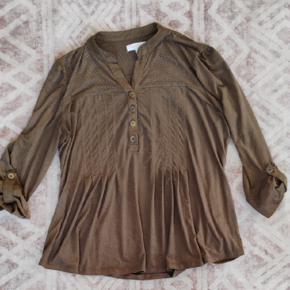 New Directions Women's XL Brown Button-Up Flowy Extremely Soft Blouse